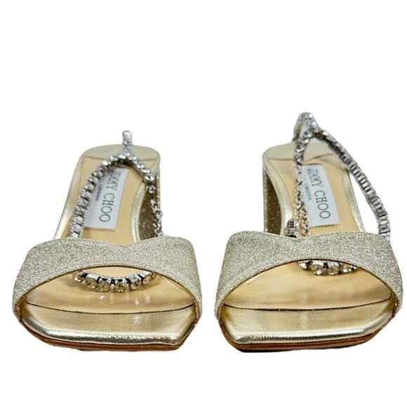 New Jimmy Choo Saeda Block Heel Glitter Crystals Sandals Platinum Size 38 - Picture 6 of 14